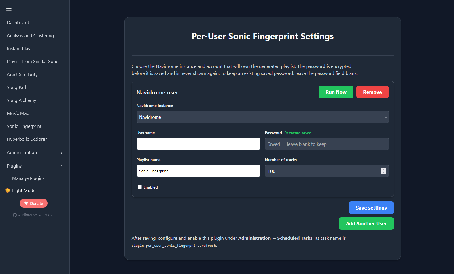 Per-User Sonic Fingerprint settings page in AudioMuse-AI