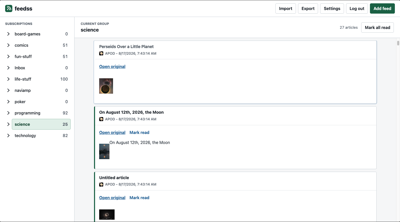 feedss showing grouped subscriptions and expanded NASA astronomy articles
