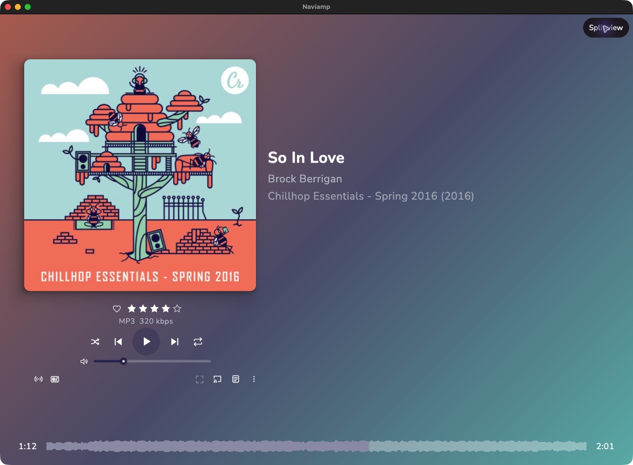Naviamp full player using the Aurora album-color gradient with Chillhop Essentials Spring 2016