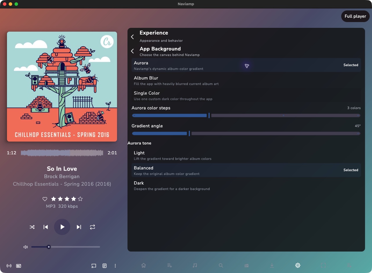 Naviamp App Background settings with Aurora selected, three colors, 45 degree angle, and Balanced tone
