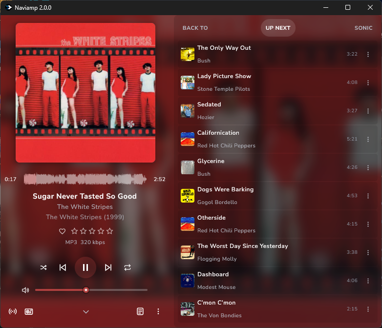 Naviamp desktop player showing Now Playing and the queue