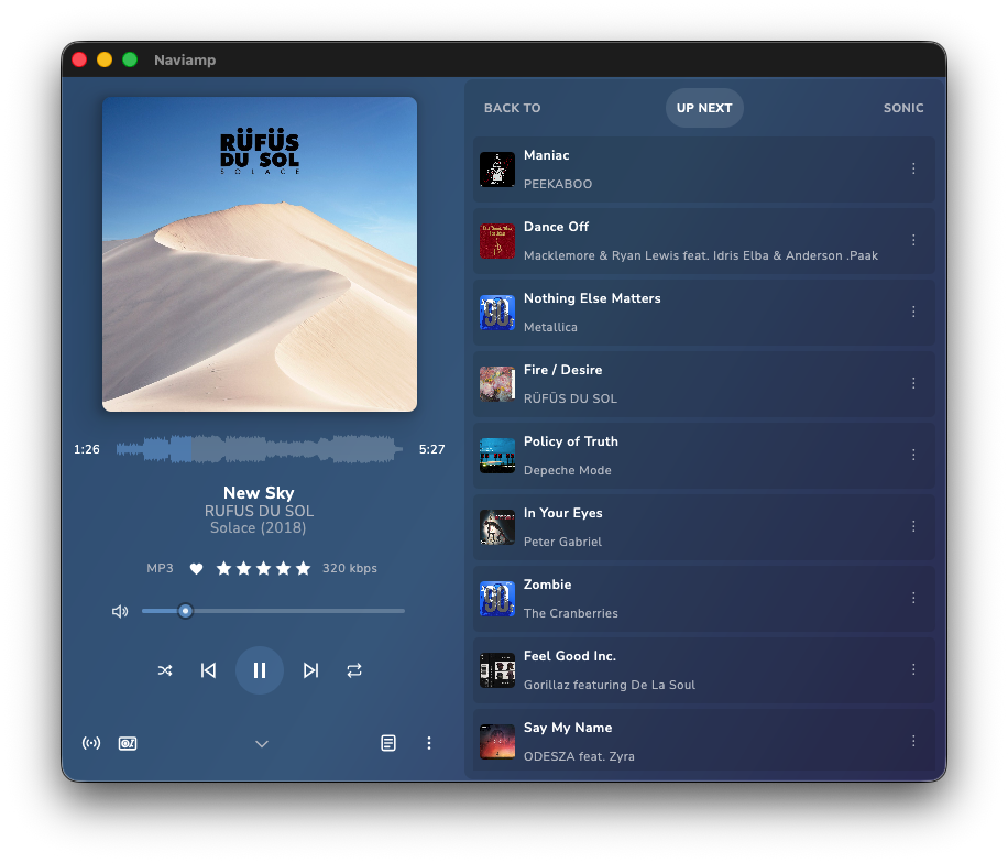 Naviamp desktop player showing the now-playing queue
