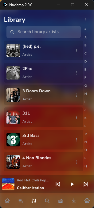 Artist library with alphabetical navigation