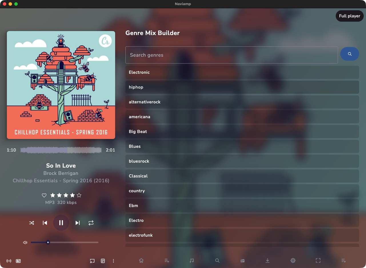 Naviamp Genre Mix Builder on the Navidrome demo connection
