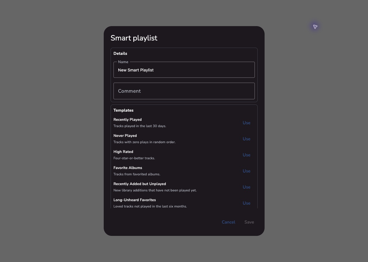Naviamp Smart Playlist editor showing built-in templates while connected to the Navidrome demo server